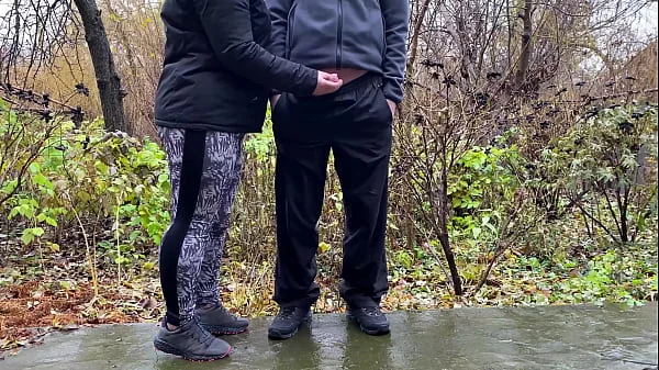 Sports stepmother-in-law after jogging in the park holds son-in-law's penis