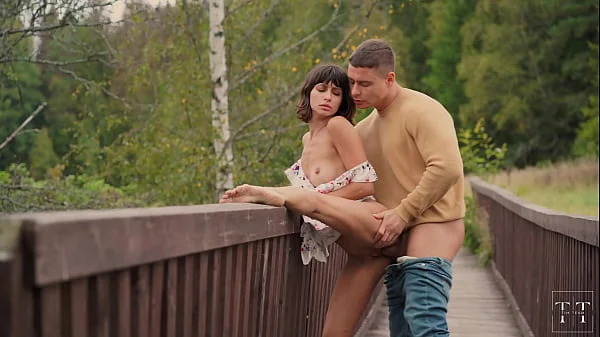 Cum all over his fiancée's tits in the woods