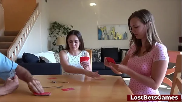 A relaxed strip card spoons game with two eager hotties