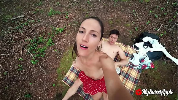 Public Picnic Gone Wild! Horny Brunette riding cock outdoors begs for a facial