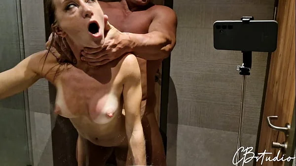 My friend's wife liked fucking in the shower and she came to me again to get a hot creampie