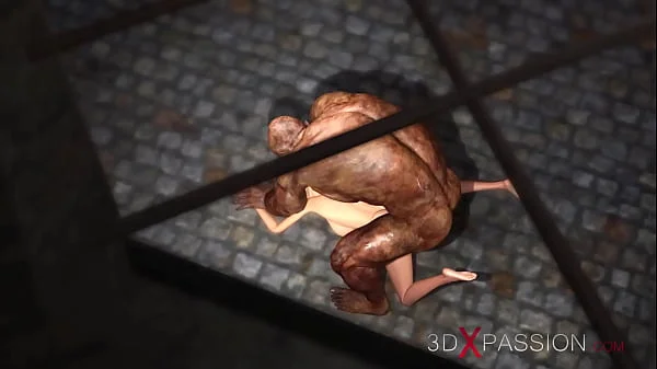 A sexy blonde gets fucked rough by a big monster in the dungeon