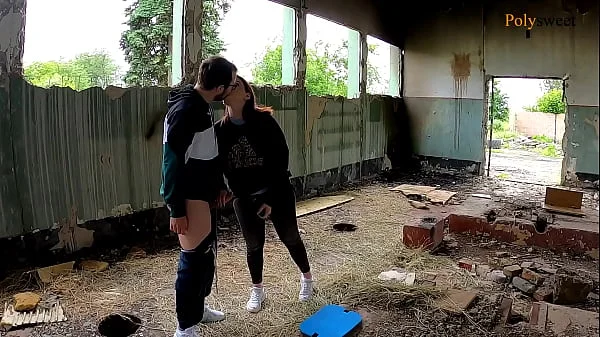 Blogger girl fucked a guy in a abandoned place (pegging, cum on tits)