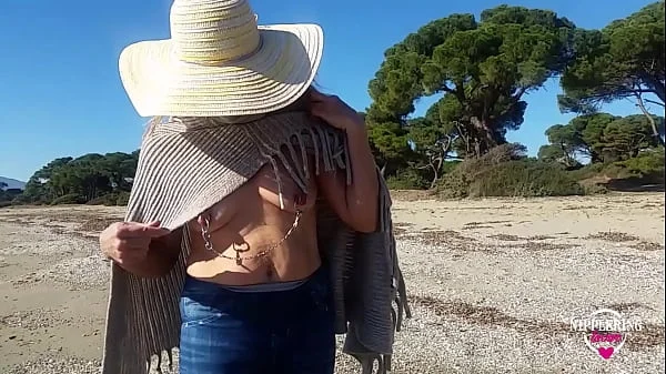 nippleringlover walking topless at public beach - pierced tits big nipples with nipplechain - flashing pierced pussy